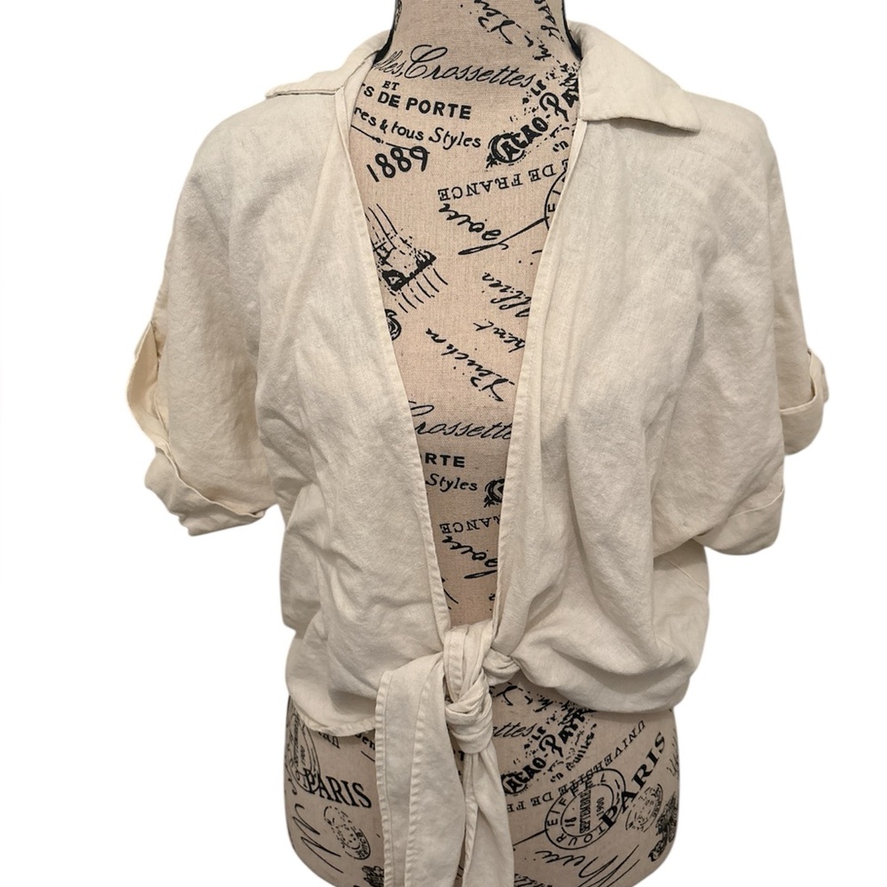 Tan Puff Sleeve Tie-Front Blouse